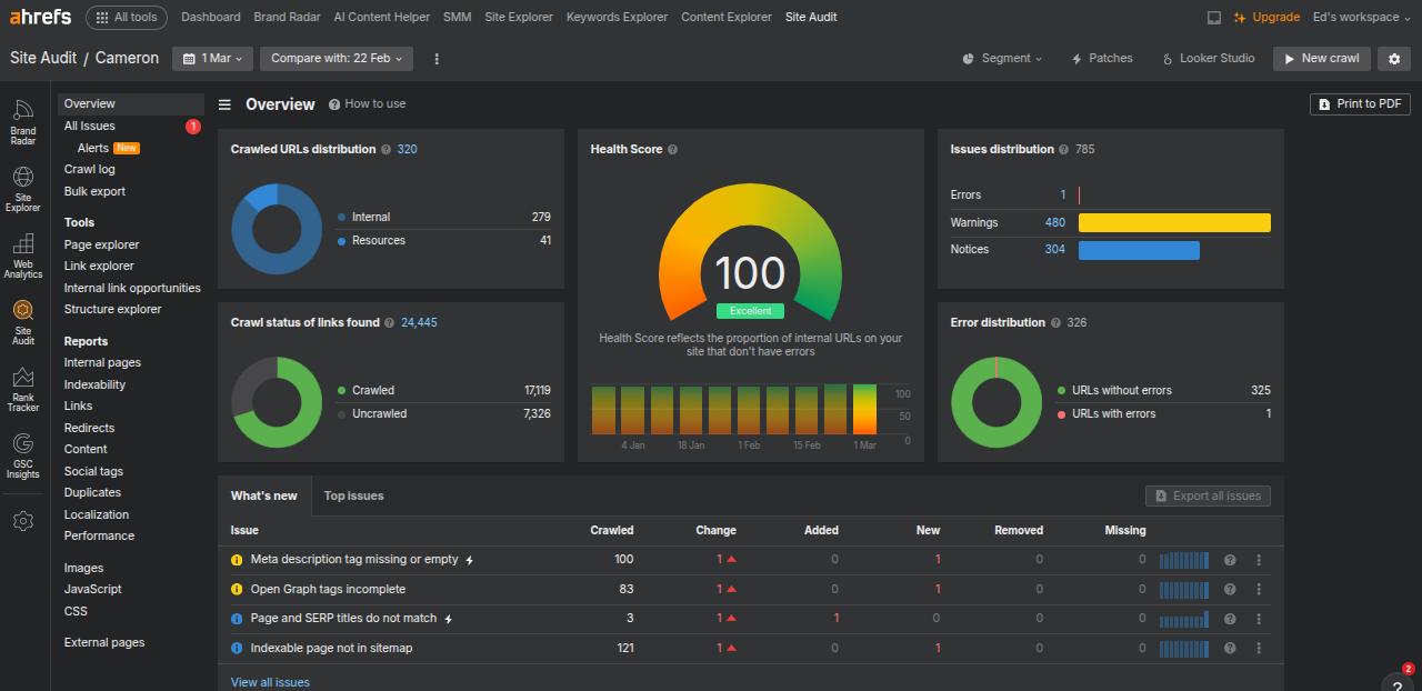 Ahrefs site audit of Cameron and Cameron after rebuild — 100/100